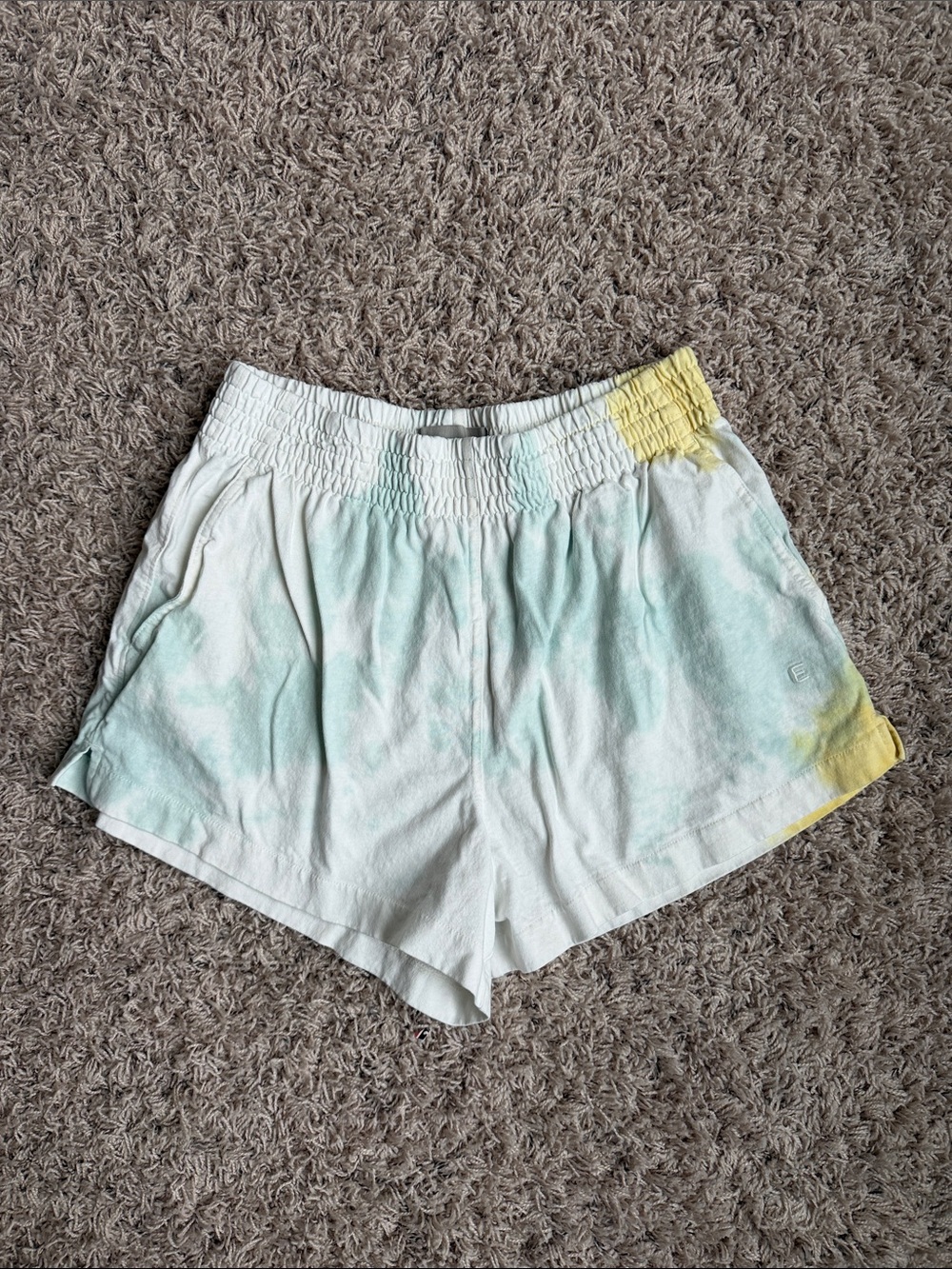Everlane Tie-Dye Elastic Waist Shorts - White with Mint & Yellow